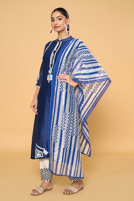 Shop Samyukta Singhania Blue Chanderi, Cotton, Silk Beads Contrast Geometric Print Kurta Pant Set Online at Aza Fashions Shop_Samyukta Singhania_Blue Chanderi, Cotton, Silk Beads Contrast Geometric Print Kurta Pant Set _Online_at_Aza_Fashions