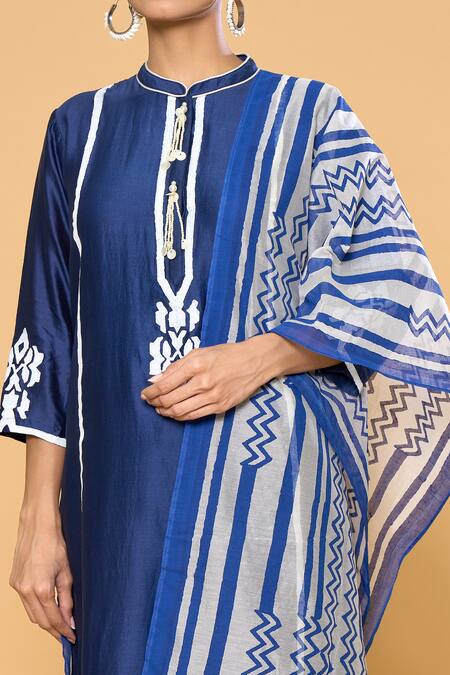 Samyukta Singhania Blue Chanderi, Cotton, Silk Beads Contrast Geometric Print Kurta Pant Set at Aza Fashions Samyukta Singhania_Blue Chanderi, Cotton, Silk Beads Contrast Geometric Print Kurta Pant Set _at_Aza_Fashions