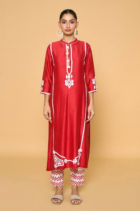 Samyukta Singhania Red Chanderi, Cotton, Silk Beads, Embroidery Contrast Block Print Kurta Pant Set Online at Aza Fashions Samyukta Singhania_Red Chanderi, Cotton, Silk Beads, Embroidery Contrast Block Print Kurta Pant Set _Online_at_Aza_Fashions
