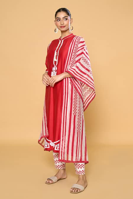 Shop Samyukta Singhania Red Chanderi, Cotton, Silk Beads, Embroidery Contrast Block Print Kurta Pant Set Online at Aza Fashions Shop_Samyukta Singhania_Red Chanderi, Cotton, Silk Beads, Embroidery Contrast Block Print Kurta Pant Set _Online_at_Aza_Fashions