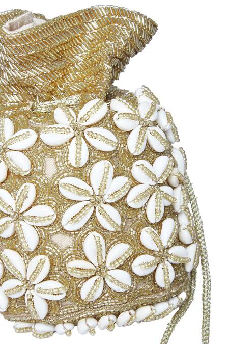 Shop_Foram Patel_Gold Cut Work, Beads Cowrie Shell Embroidered Potli_Online_at_Aza_Fashions