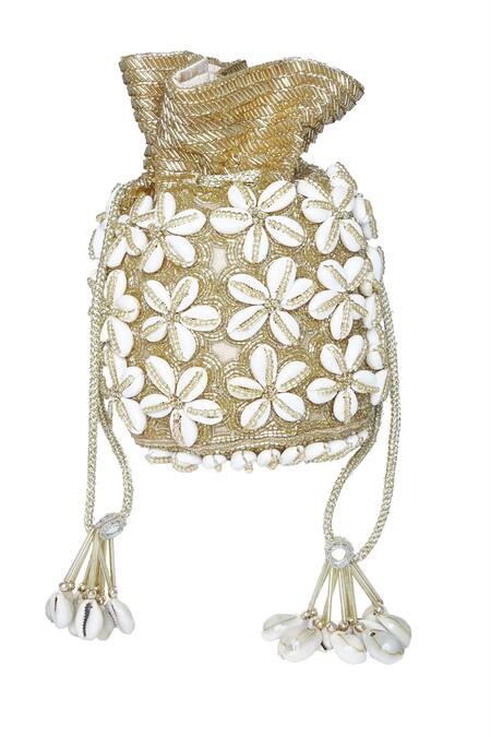 Foram Patel_Gold Cut Work, Beads Cowrie Shell Embroidered Potli_at_Aza_Fashions