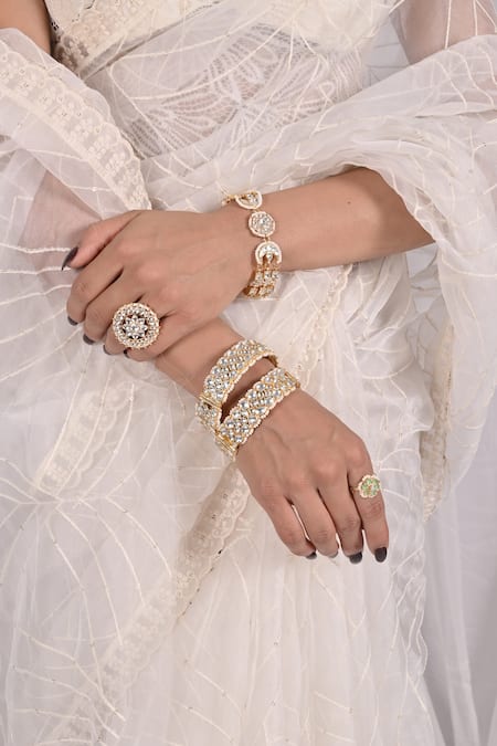 Shop_Shlok Jewels_White Stones, Beads Embellished Bangles - Set Of 2 _at_Aza_Fashions