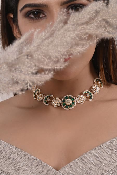 Shop_Shlok Jewels_Green Half Crescent Carved Choker _at_Aza_Fashions