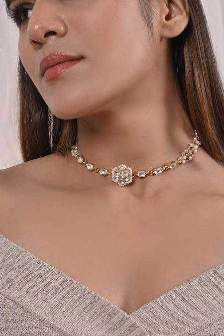 Shop_Shlok Jewels_White Floral Carved Choker _at_Aza_Fashions