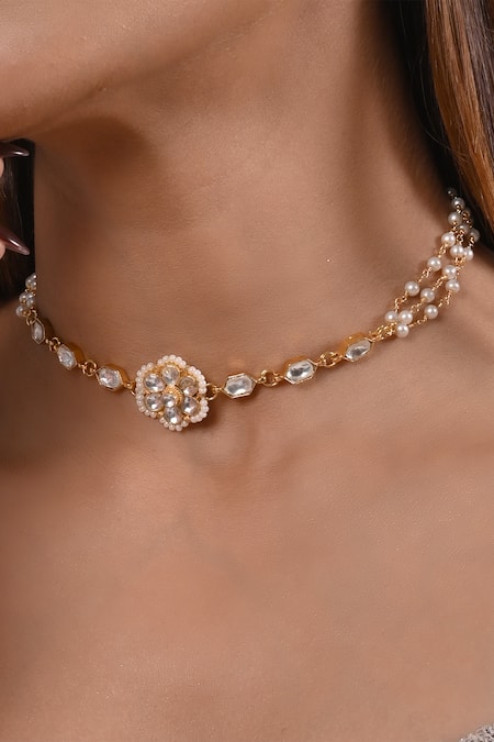 Shlok Jewels_White Floral Carved Choker _Online_at_Aza_Fashions