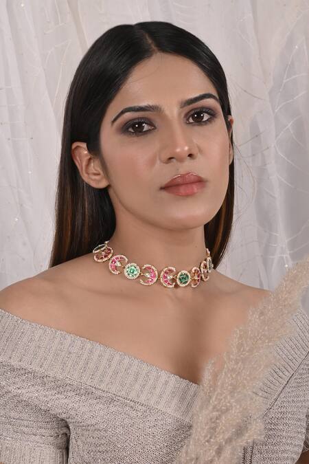 Shop_Shlok Jewels_Multi Color Stone Studded Choker _at_Aza_Fashions