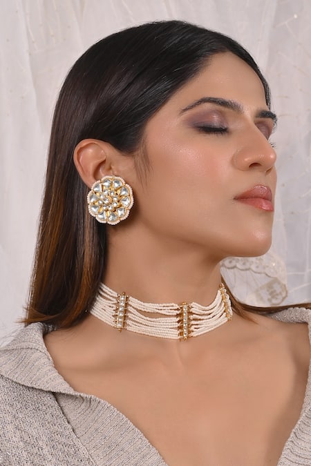 Shop Shlok Jewels White Stones, Beads Embellished Layered Choker Set at Aza Fashions Shop_Shlok Jewels_White Stones, Beads Embellished Layered Choker Set _at_Aza_Fashions