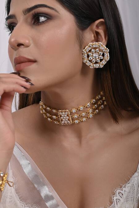 Shop_Shlok Jewels_White Stones, Beads Geometric Carved Pendant Choker Set _at_Aza_Fashions