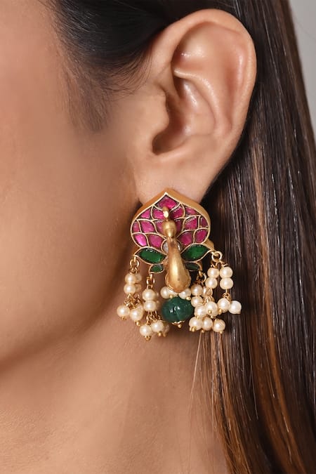 SHLOK JEWELS Multi Color Stone Lotus Carved Earrings