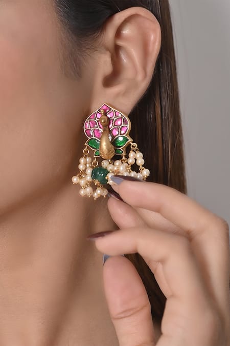 Shop_Shlok Jewels_Multi Color Stones, Beads Lotus Carved Earrings _at_Aza_Fashions