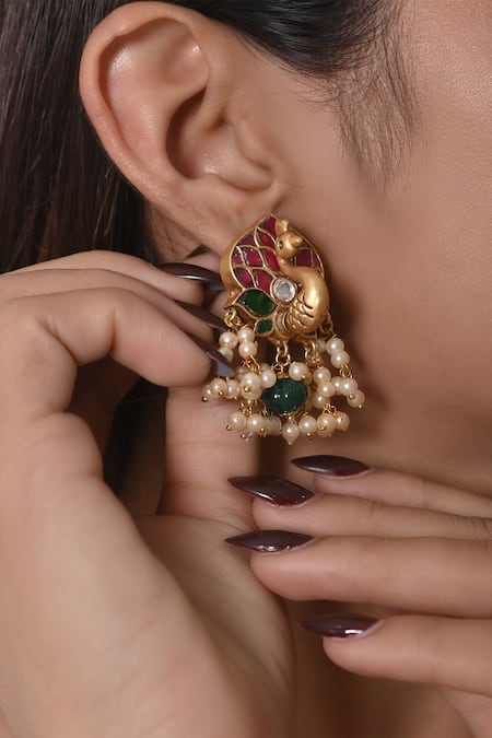 Shlok Jewels_Multi Color Stones, Beads Lotus Carved Earrings _Online_at_Aza_Fashions