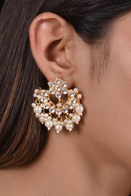 Shop Shlok Jewels White Stones, Beads Floral Carved Chandbalis at Aza Fashions Shop_Shlok Jewels_White Stones, Beads Floral Carved Chandbalis _at_Aza_Fashions