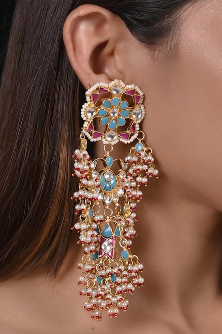 Shop_Shlok Jewels_Multi Color Stones, Beads Geometric Carved Cutwork Earrings _at_Aza_Fashions