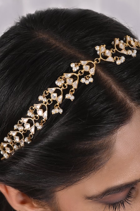 Shop_Shlok Jewels_White Floral Carved Mathapatti _at_Aza_Fashions