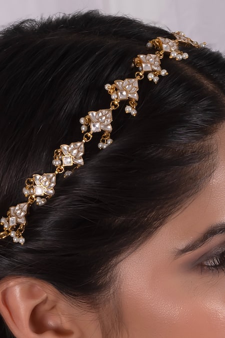 Shop_Shlok Jewels_White Floral Shaped Mathapatti _at_Aza_Fashions