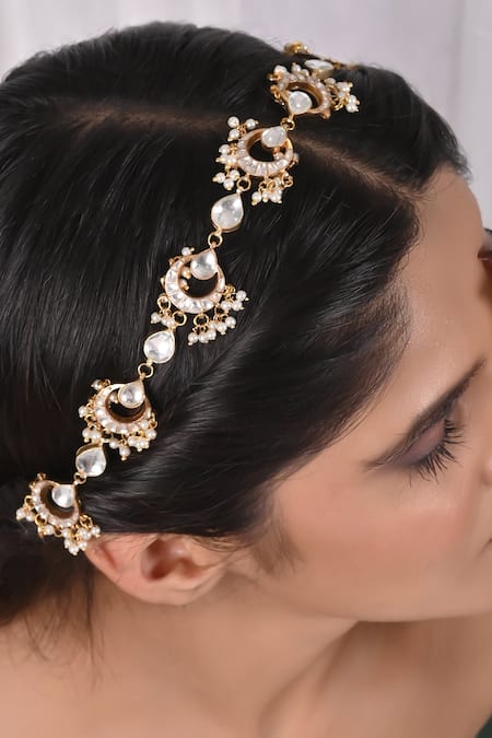 Shop Shlok Jewels White Half Crescent Shaped Mathapatti at Aza Fashions Shop_Shlok Jewels_White Half Crescent Shaped Mathapatti _at_Aza_Fashions