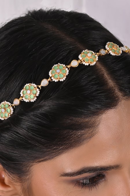 Shop_Shlok Jewels_Green Floral Carved Cutwork Mathapatti _at_Aza_Fashions