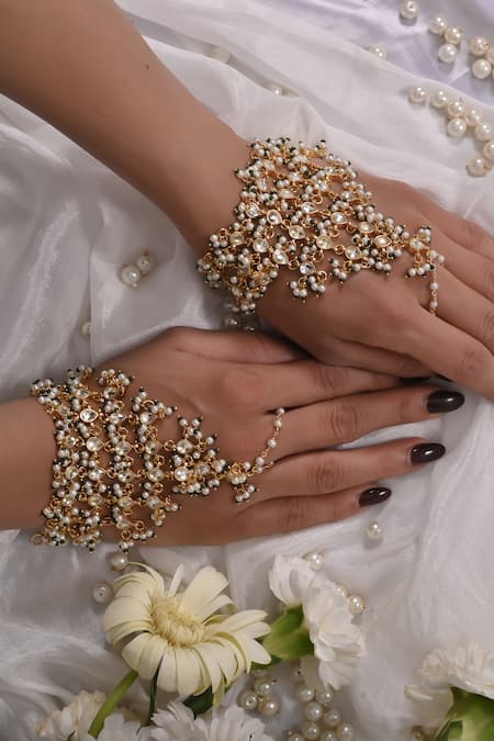 Shop_Shlok Jewels_White Stones, Beads Embellished Haathphool - Set Of 2 _at_Aza_Fashions