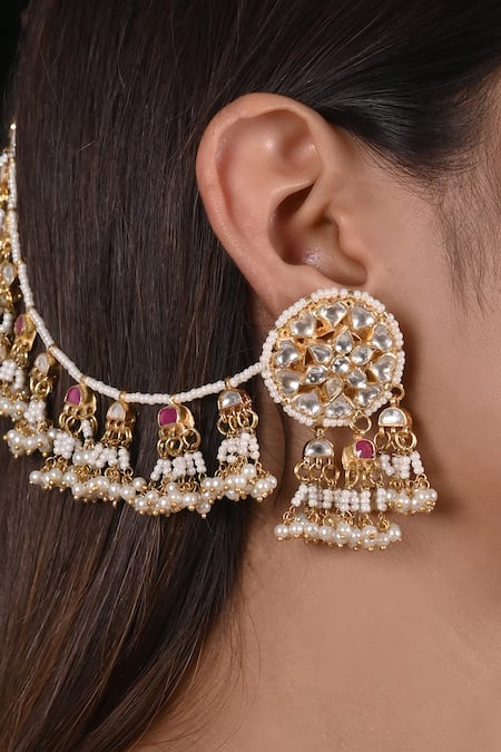 Shop Shlok Jewels Pink Beads, Diamonds Kundan Embellished Earrings at Aza Fashions Shop_Shlok Jewels_Pink Beads, Diamonds Kundan Embellished Earrings _at_Aza_Fashions