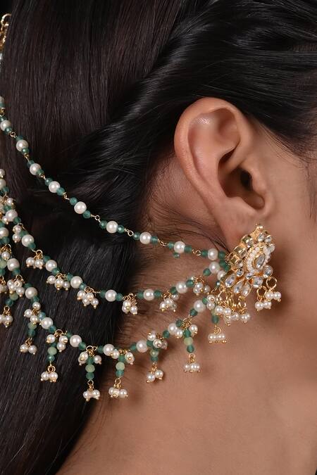 Shop Shlok Jewels White Beads, Diamonds Kundan And Beaded Embellished Earrings at Aza Fashions Shop_Shlok Jewels_White Beads, Diamonds Kundan And Beaded Embellished Earrings _at_Aza_Fashions