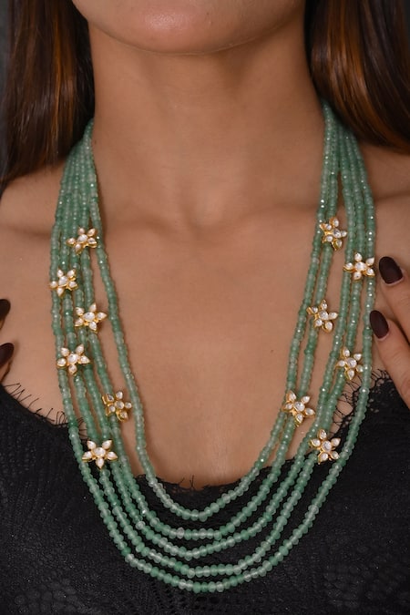 Shop Shlok Jewels Green Kundan And Beads Embellished Mala at Aza Fashions Shop_Shlok Jewels_Green Kundan And Beads Embellished Mala _at_Aza_Fashions