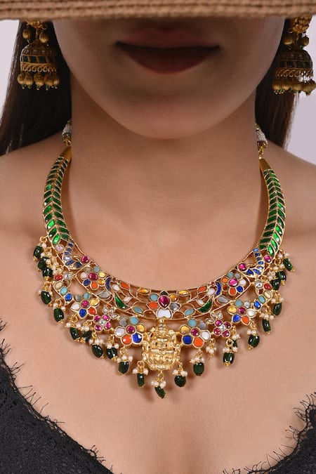 SHLOK JEWELS Multi Color Kundan Embellished Choker Necklace Set