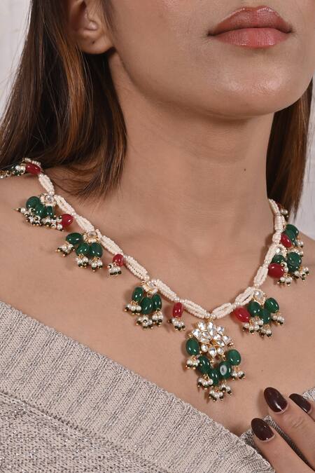 Shop_Shlok Jewels_Green Kundan Embellished Pendant Necklace _at_Aza_Fashions
