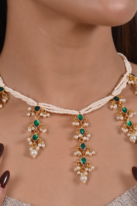 Shop_Shlok Jewels_Green Kundan Work Pendant Choker Necklace _at_Aza_Fashions