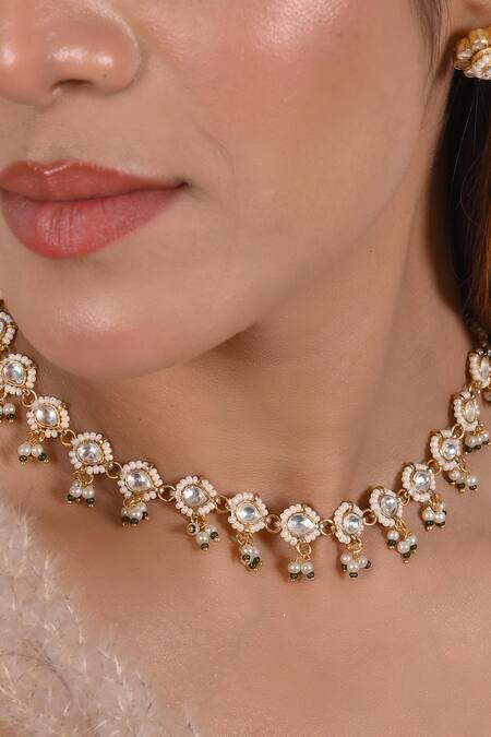 Shlok Jewels White Beads Embellished Choker Necklace Set Online at Aza Fashions Shlok Jewels_White Beads Embellished Choker Necklace Set _Online_at_Aza_Fashions