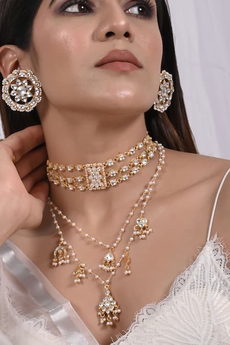 Shop_Shlok Jewels_White Beads, Diamonds Kundan Embellished Necklace Set _at_Aza_Fashions