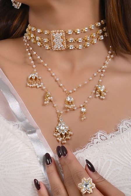 Shlok Jewels_White Beads, Diamonds Kundan Embellished Necklace Set _Online_at_Aza_Fashions