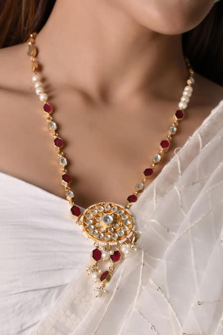 Shop_Shlok Jewels_White Kundan And Beads Embellished Pendant Necklace _at_Aza_Fashions