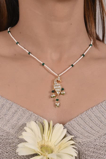 Shop_Shlok Jewels_White Kundan Embellished Peacock Motif Pendant Necklace _at_Aza_Fashions