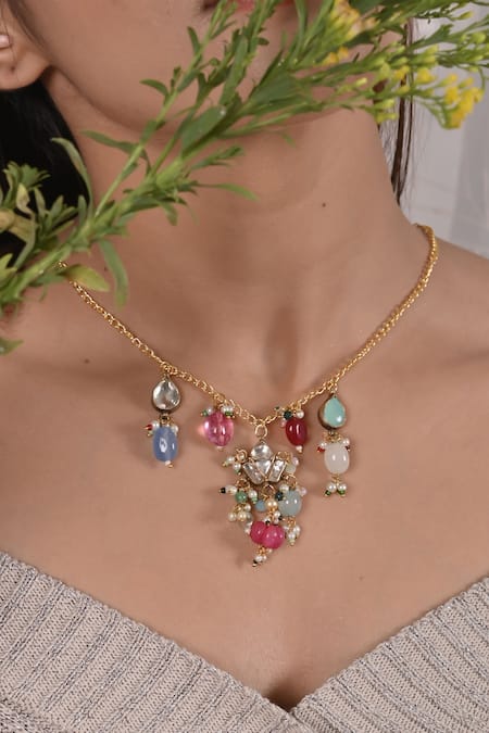 Shop_Shlok Jewels_White Kundan And Beads Work Pendant Necklace _at_Aza_Fashions