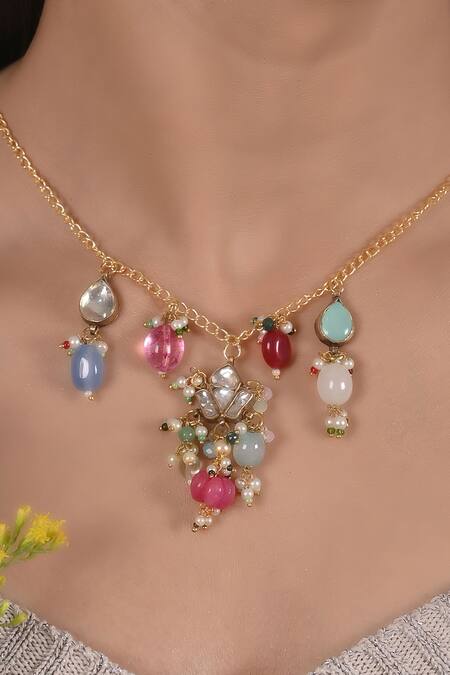 Shlok Jewels White Kundan And Beads Work Pendant Necklace Online at Aza Fashions Shlok Jewels_White Kundan And Beads Work Pendant Necklace _Online_at_Aza_Fashions