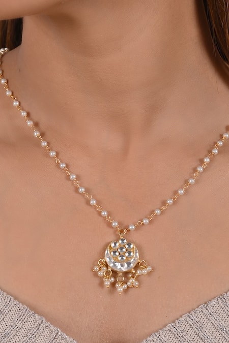 Shop_Shlok Jewels_White Beads And Kundan Embellished Pendant Necklace _at_Aza_Fashions