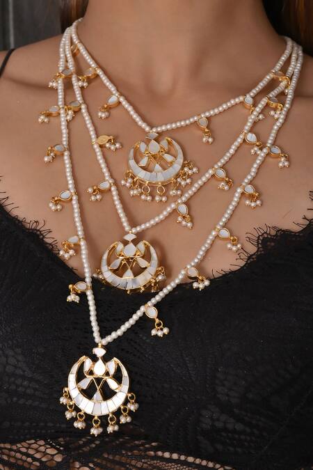 Shop_Shlok Jewels_White Kundan Work Layered Pendant Necklace _at_Aza_Fashions