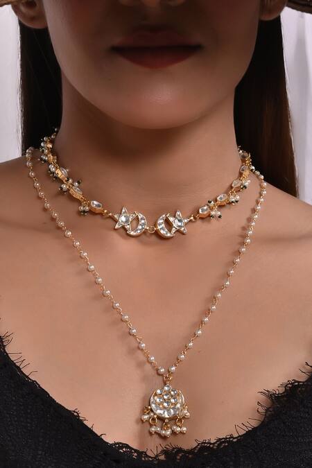 Shop Shlok Jewels White Kundan And Beaded Embellished Pendant Necklace at Aza Fashions Shop_Shlok Jewels_White Kundan And Beaded Embellished Pendant Necklace _at_Aza_Fashions