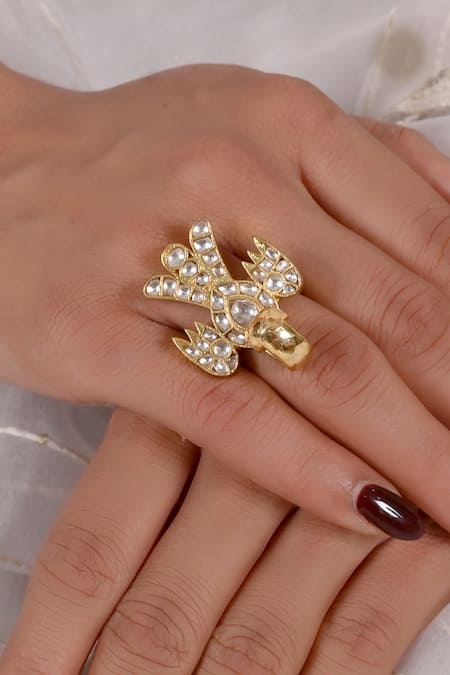 Shop Shlok Jewels White Stones Kundan Embellished Bird Motif Ring at Aza Fashions Shop_Shlok Jewels_White Stones Kundan Embellished Bird Motif Ring _at_Aza_Fashions