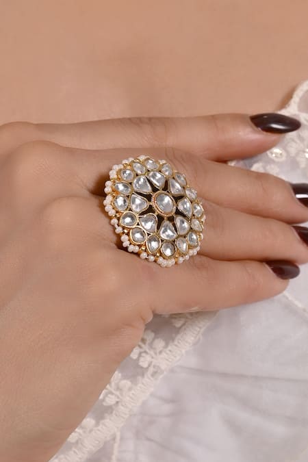 Shop Shlok Jewels White Imitation Diamonds Kundan Embellished Floral Motif Ring at Aza Fashions Shop_Shlok Jewels_White Imitation Diamonds Kundan Embellished Floral Motif Ring _at_Aza_Fashions