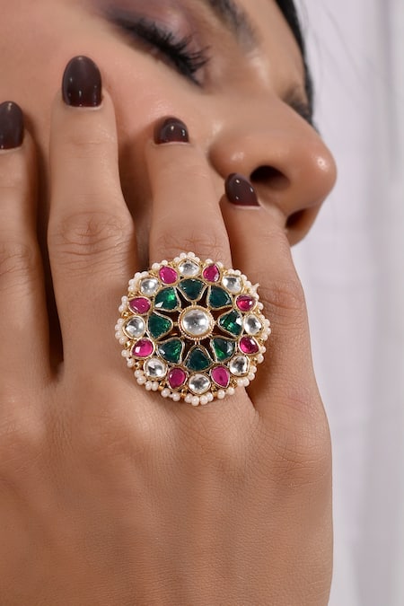 Shop Shlok Jewels Multi Color Stones Kundan And Embellished Ring at Aza Fashions Shop_Shlok Jewels_Multi Color Stones Kundan And Embellished Ring _at_Aza_Fashions