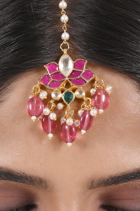 Shop Shlok Jewels Pink Kundan Embellished Maangtikka at Aza Fashions Shop_Shlok Jewels_Pink Kundan Embellished Maangtikka _at_Aza_Fashions