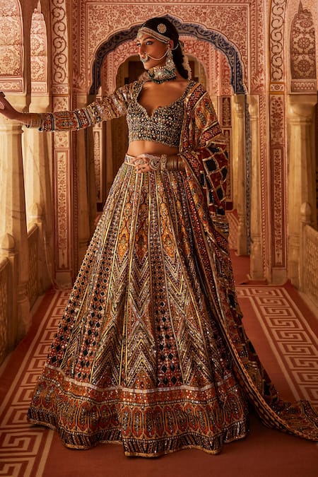 Shop_The Royaleum_Multi Color Silk, Crepe Izhaar Geometric Embellished Bridal Lehenga Set _Online_at_Aza_Fashions