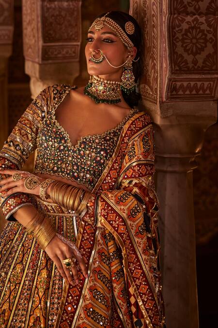 Buy_The Royaleum_Multi Color Silk, Crepe Izhaar Geometric Embellished Bridal Lehenga Set 