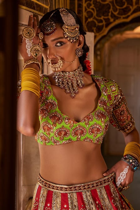 The Royaleum_Red Silk, Crepe Sequins, Beads, Safarish Floral Embellished Bridal Lehenga Set _Online_at_Aza_Fashions