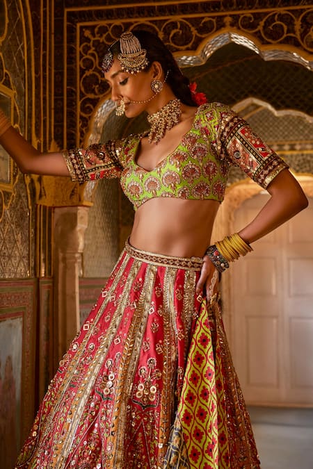 Buy_The Royaleum_Red Silk, Crepe Sequins, Beads, Safarish Floral Embellished Bridal Lehenga Set _Online_at_Aza_Fashions