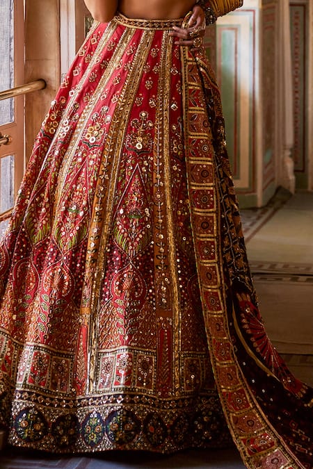 Shop_The Royaleum_Red Silk, Crepe Sequins, Beads, Safarish Floral Embellished Bridal Lehenga Set _Online_at_Aza_Fashions