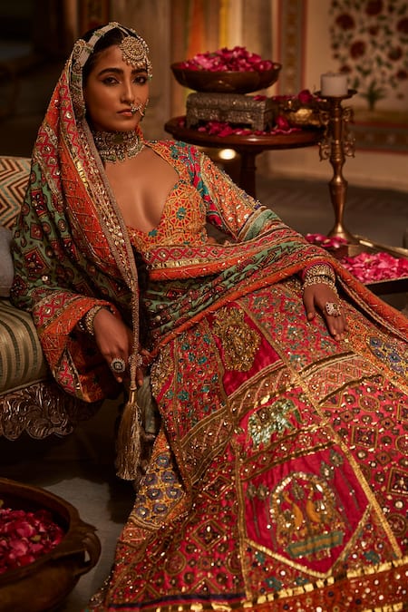 The Royaleum_Multi Color Crepe, Silk Aarzoo Embellished Animal Pattern Bridal Lehenga Set _Online_at_Aza_Fashions