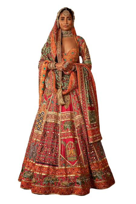Shop_The Royaleum_Multi Color Crepe, Silk Aarzoo Embellished Animal Pattern Bridal Lehenga Set _Online_at_Aza_Fashions